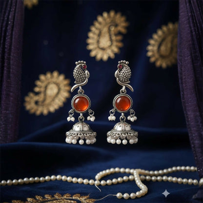 Oxidised Bird Design Jhumka Earrings with Stone Center and Pearl Drops for Women