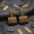Jhumka Earrings – Elegant Leaf Motif with Black Bead Drops