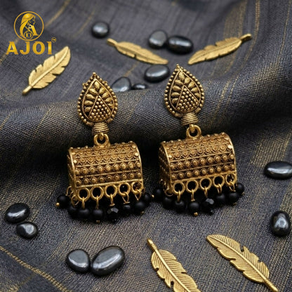 Antique Gold-Plated Leaf Design Jhumka Earrings with Black Bead Drops