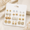 12-Pair Gold & Pearl Stud Earring Combo Set – Floral, Geometric & Crystal Designs