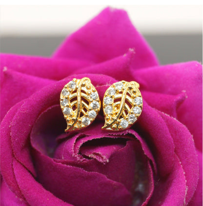 Gold-Plated Leaf Stud Earrings with AD | Nature-Inspired Jewelry for women & girls