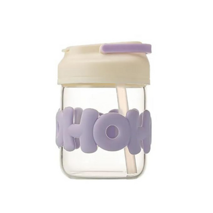 HOHO Cute Glass Milk Jar with Straw & Silicone Lid | 350ml Leakproof Reusable Mason Tumbler | Aesthetic Smoothie & Juice Cup for Kids & Adults | Pastel Purple Silicone Sleeve | 12cm x 7cm | Eco-Friendly Drinkware