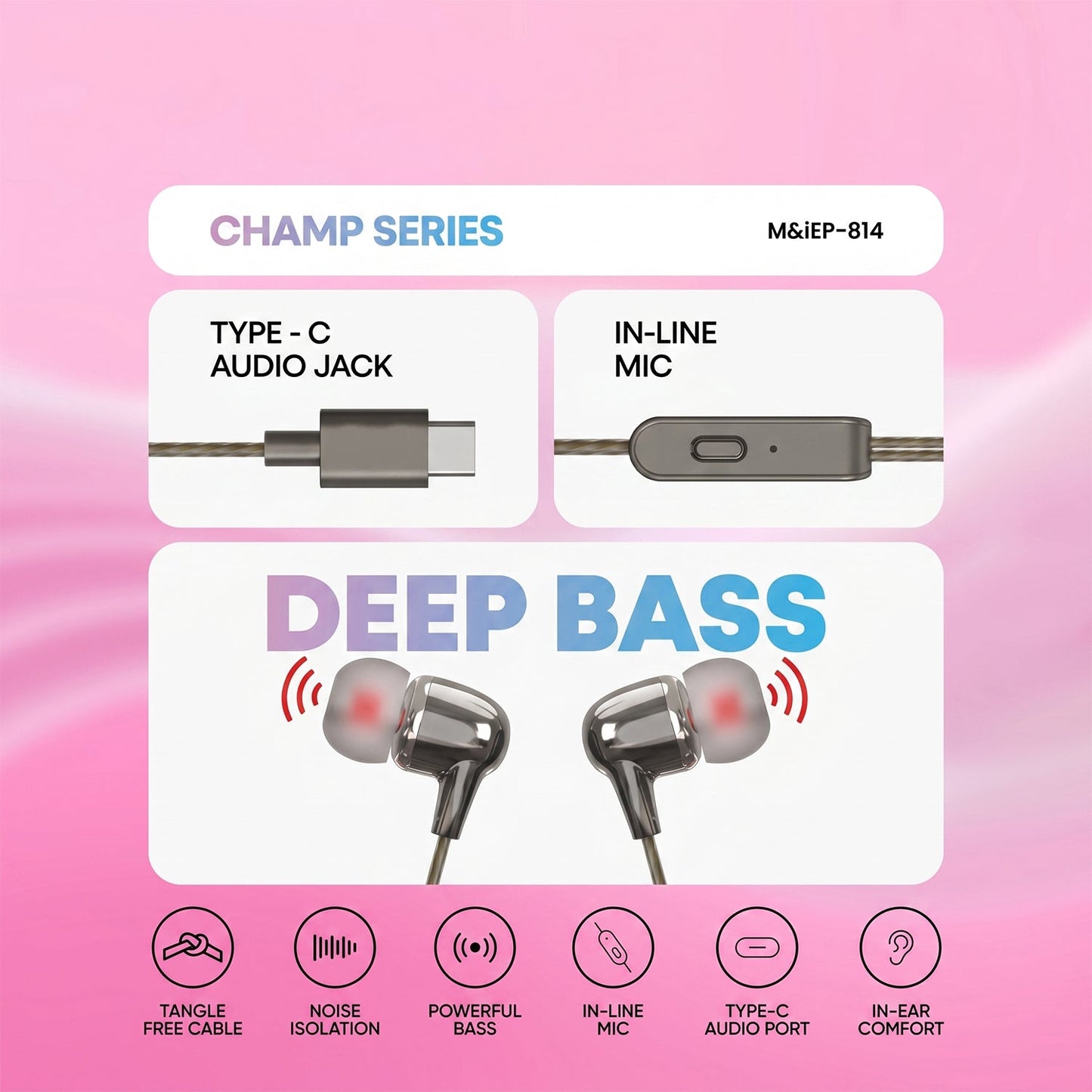 Champ Series Wired Type-C Earphones showing in-ear design