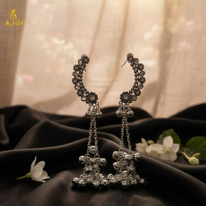 Kasmiri silver oxidised earrings with crescent-shaped top and bead clusters