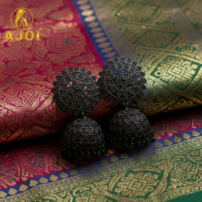 Black oxidized floral mandala stud earrings with dome-shaped jhumka