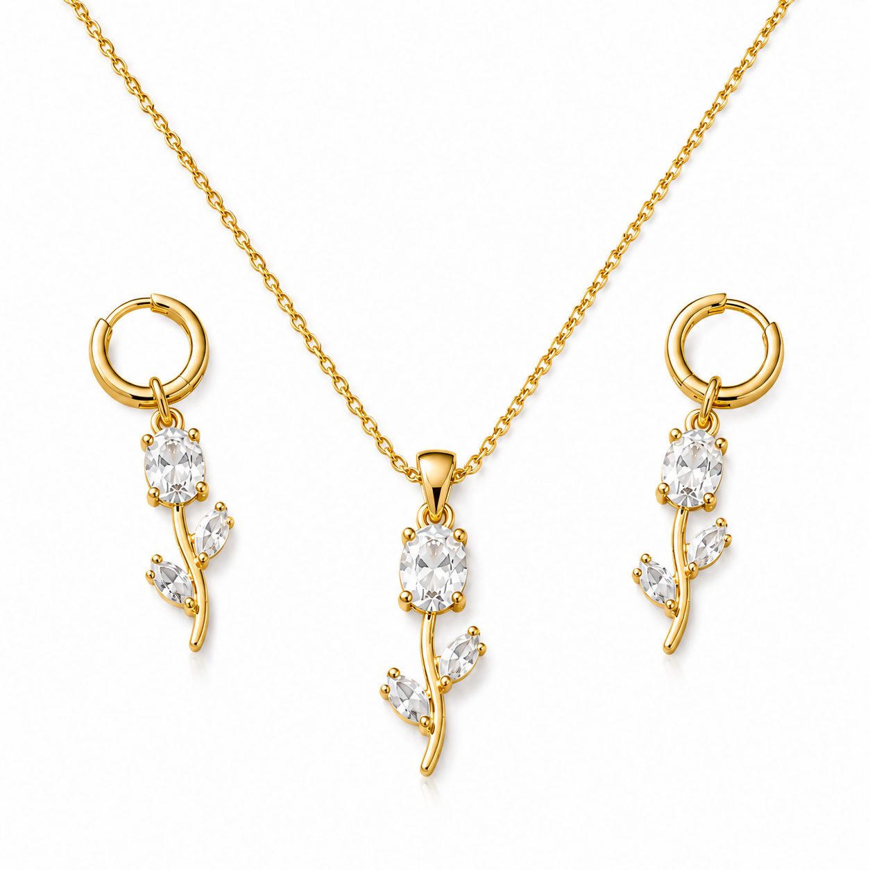 Elegant gold-plated white crystal necklace and earrings set showcasing the intricate floral design.
