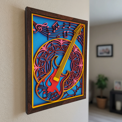 Handcrafted Multi-Layer Wooden Guitar Wall Art – 3D Musical Frame | Artistic Home Decor | Handmade Music Lover’s Wall Hanging for Living Room & Studio