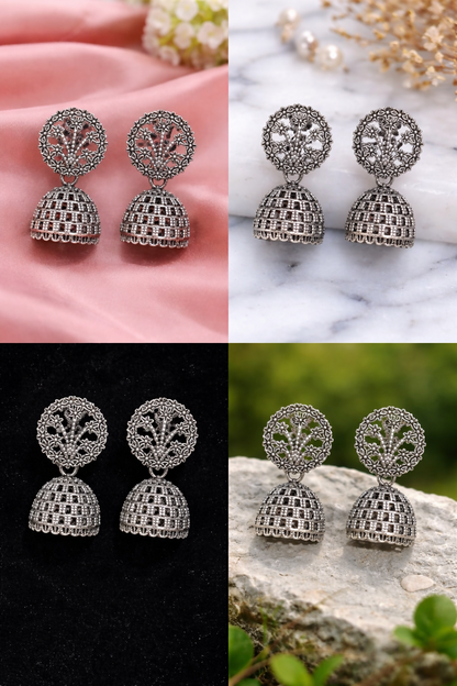Oxidized Silver Floral Jhumka Earrings for Women – Traditional Ethnic Designer Jewelry