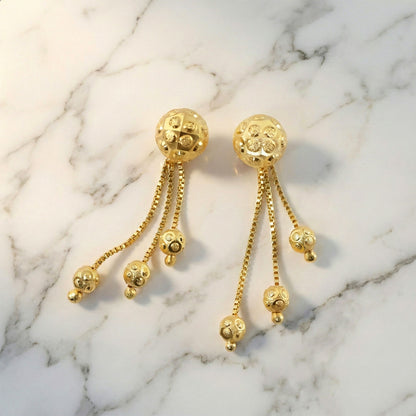 Gold Chain Tassel Style Earrings With Spherical Stud And Multi Strand Hanging Design
