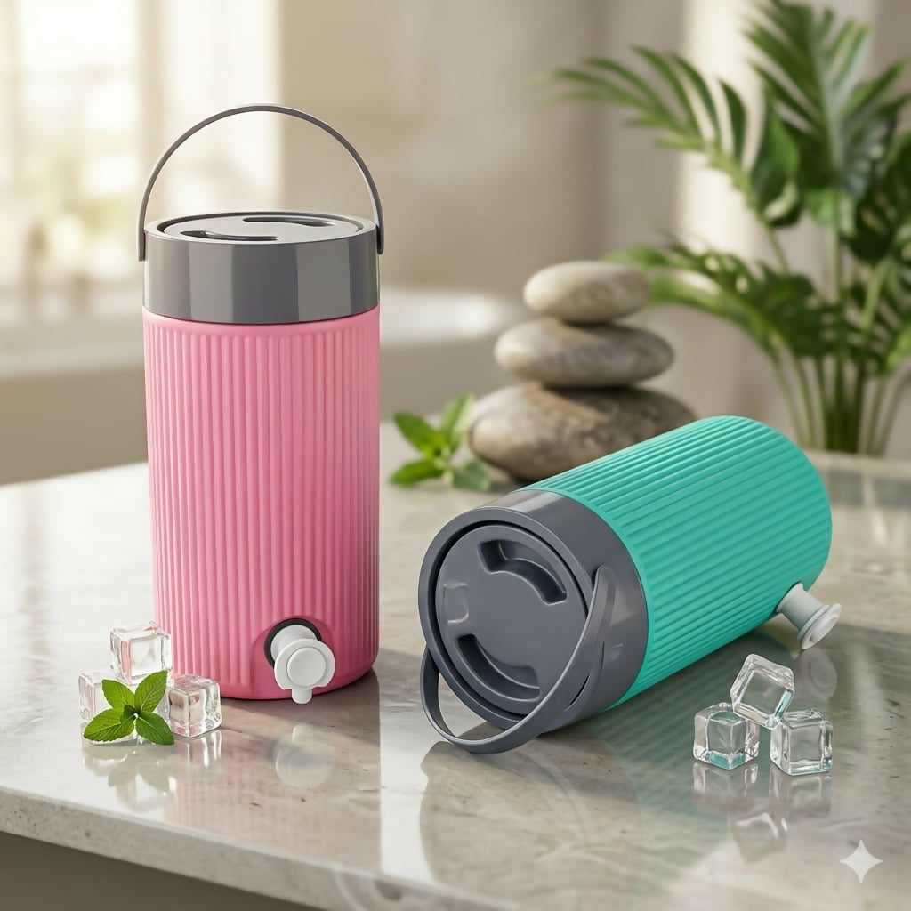 Side view of pink insulated water jug with ribbed design