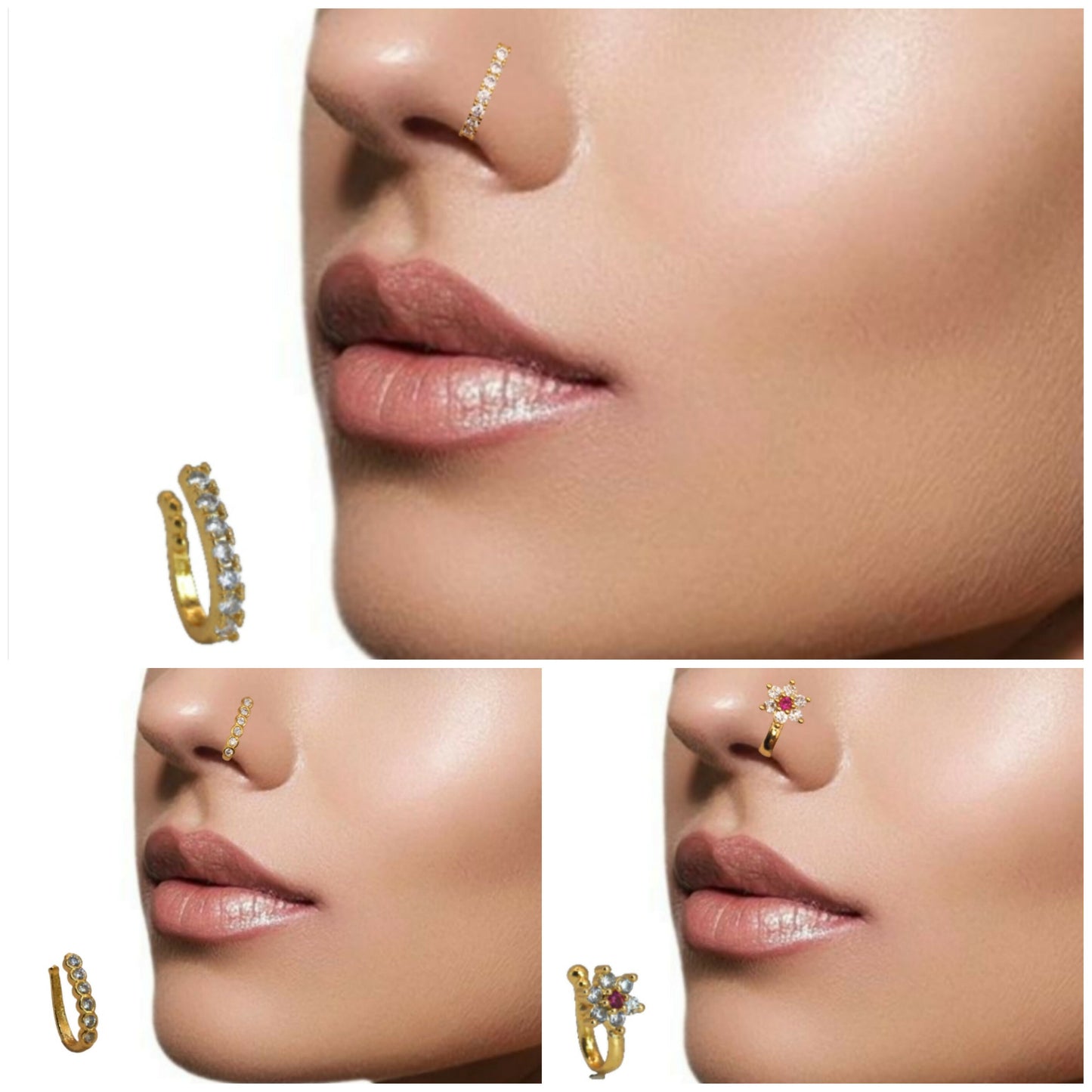 Ruby CZ Gold Plated Non-Piercing Flower Nose Ring/Clip-On Nath Combo Pack of 3