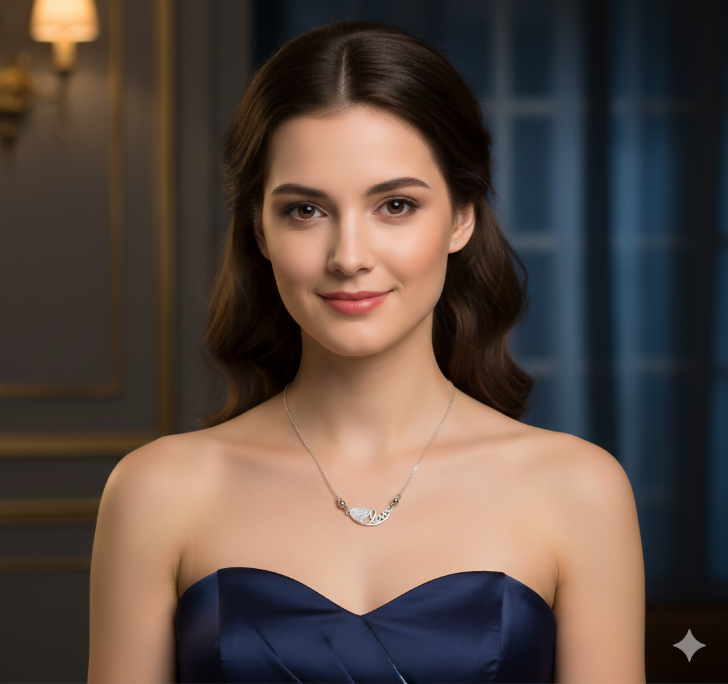 Silver Tone AD Pave Heart & Script 'Love' Pendant Necklace For women and girls