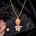 Pink Enamel Floral Drop Pendant with White Petal Detailing & Golden Chain Jewellery