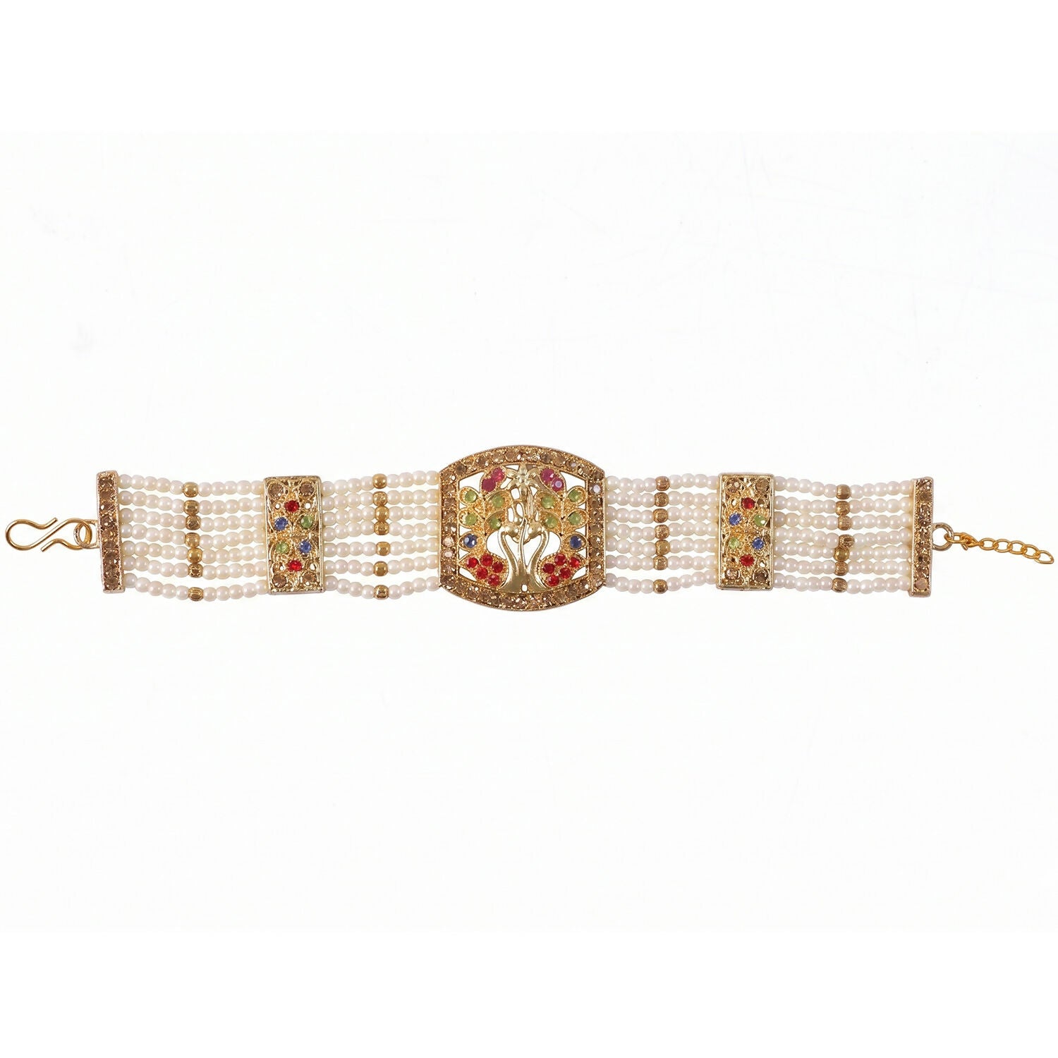 Side view of pearl and stone encrusted bridal bracelet
