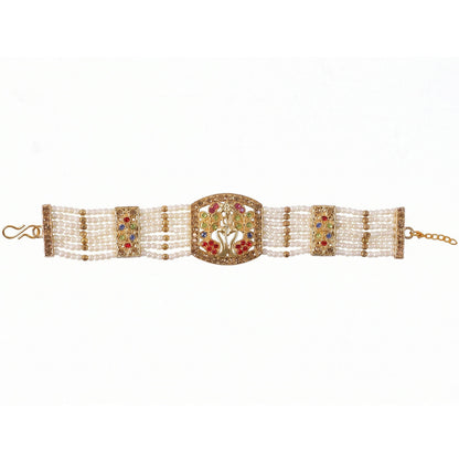 Side view of pearl and stone encrusted bridal bracelet