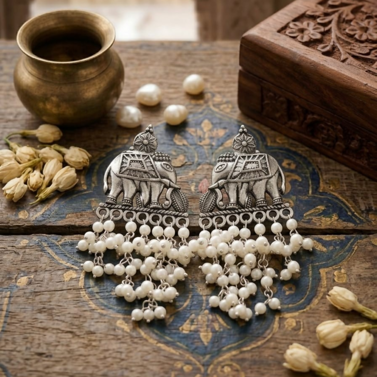 A pair of oxidized silver elephant earrings with white pearl drops on a rustic wooden surface with decorative items.
