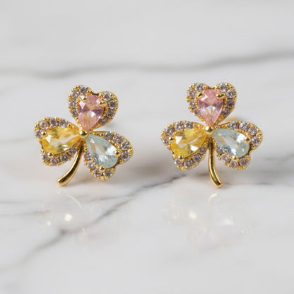 Multicolor Crystal Clover Stud Earrings with Gold Finish for Women