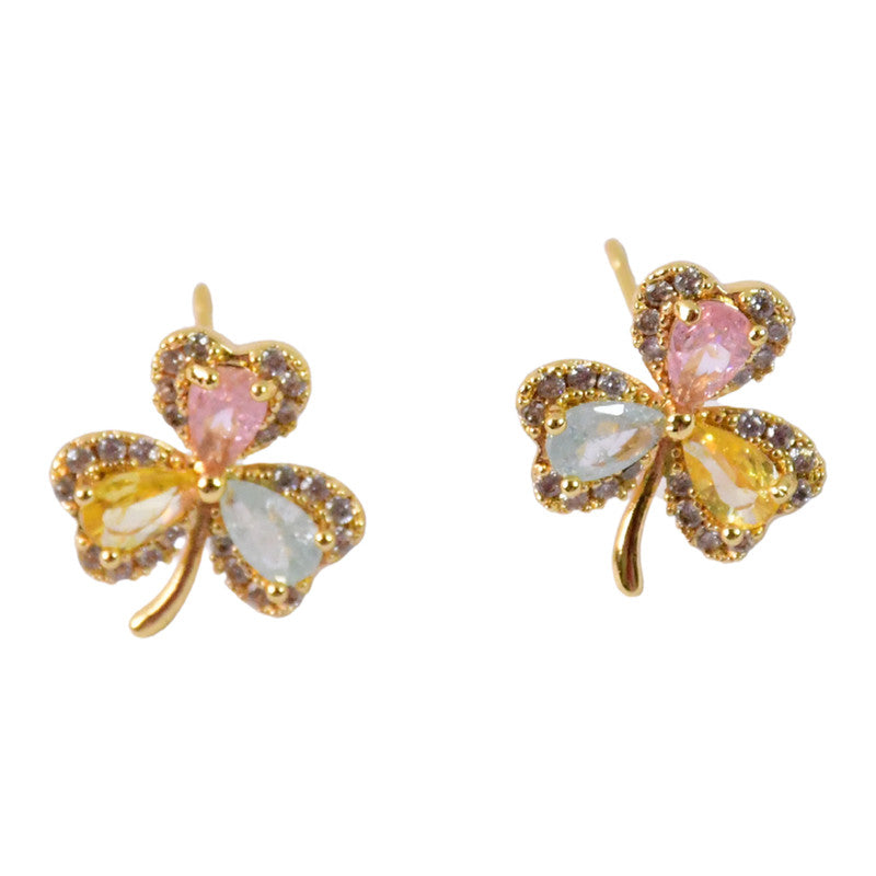 Multicolor Crystal Clover Stud Earrings with Gold Finish for Women