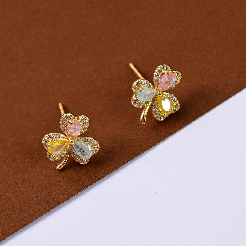 Multicolor Crystal Clover Stud Earrings with Gold Finish for Women