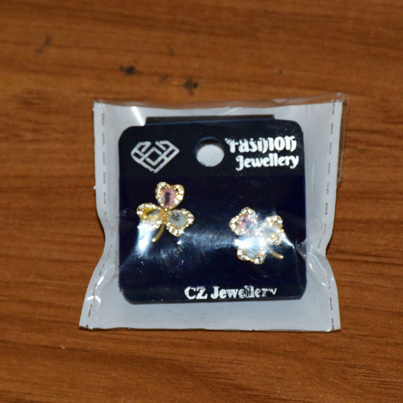 Multicolor Crystal Clover Stud Earrings with Gold Finish for Women