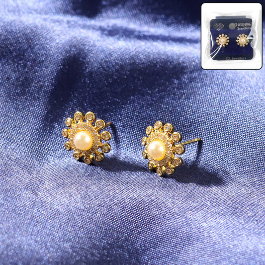 Pearl Center Floral Stud Earrings with Gold Finish for Women
