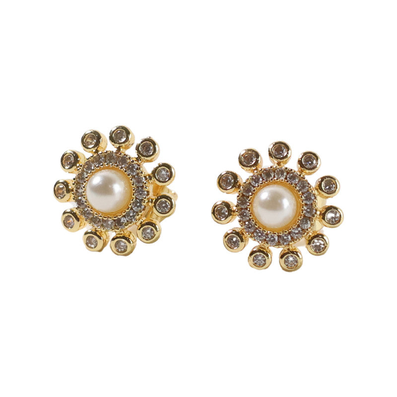 Pearl Center Floral Stud Earrings with Gold Finish for Women