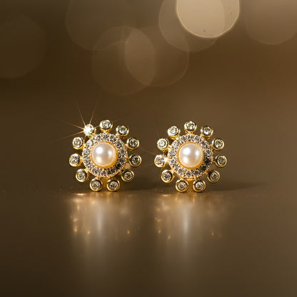 Pearl Center Floral Stud Earrings with Gold Finish for Women