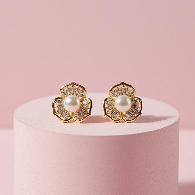 Pearl Center Floral Stud Earrings with Crystal Detailing and Gold Finish