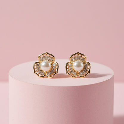 Pearl Center Floral Stud Earrings with Crystal Detailing and Gold Finish