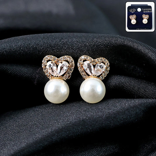 Elegant Heart Shape Pearl and CZ Stone Stud Earrings for Women