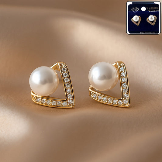Elegant Triangle Design Pearl and CZ Stone Stud Earrings for Women