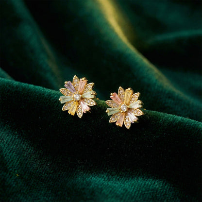 Multicolor Crystal Floral Stud Earrings with Gold Finish for Women