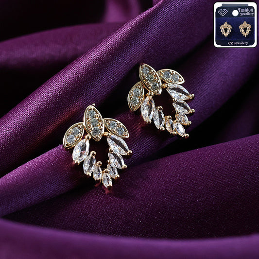 Elegant Leaf Pattern CZ Stone Stud Earrings for Women