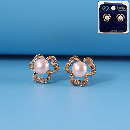 Charming Floral Pearl and CZ Stone Stud Earrings for Women
