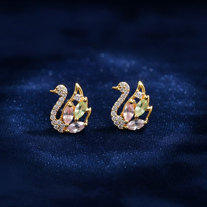 Multicolor Crystal Swan Stud Earrings with Gold Finish for Women
