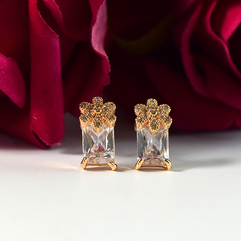 Stylish Floral Top Rectangular CZ Stone Stud Earrings for Women