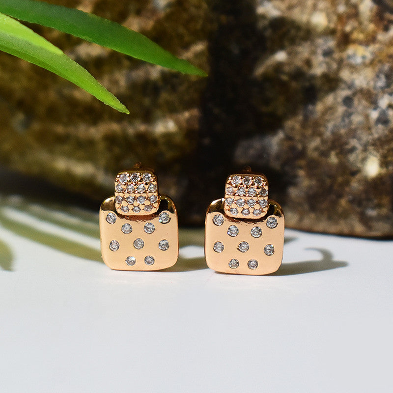Trendy Dual Square Gold Plated CZ Stone Stud Earrings for Women
