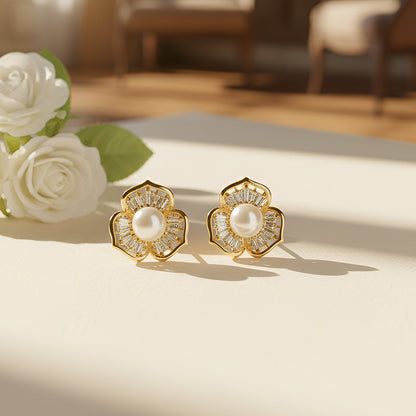 Pearl Center Floral Stud Earrings with Crystal Detailing and Gold Finish