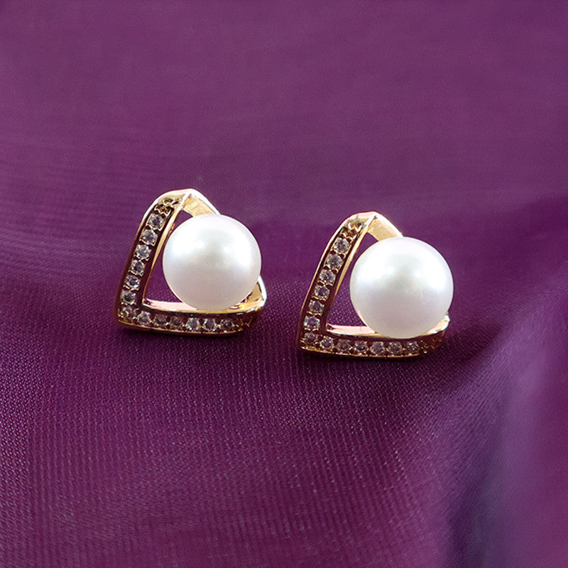 Elegant Triangle Design Pearl and CZ Stone Stud Earrings for Women