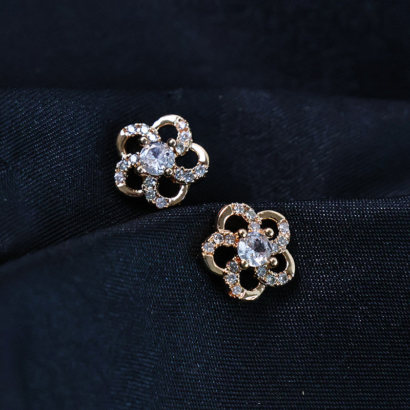Delicate Floral Design CZ Stone Stud Earrings for Women