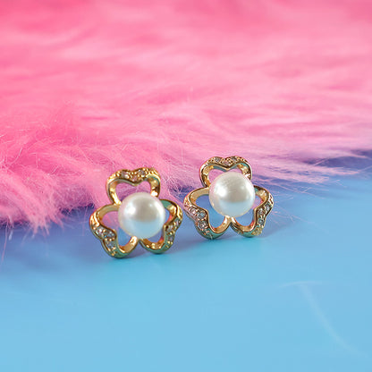Charming Floral Pearl and CZ Stone Stud Earrings for Women