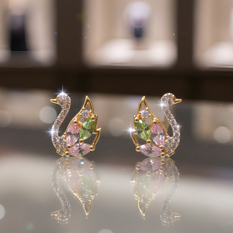 Multicolor Crystal Swan Stud Earrings with Gold Finish for Women