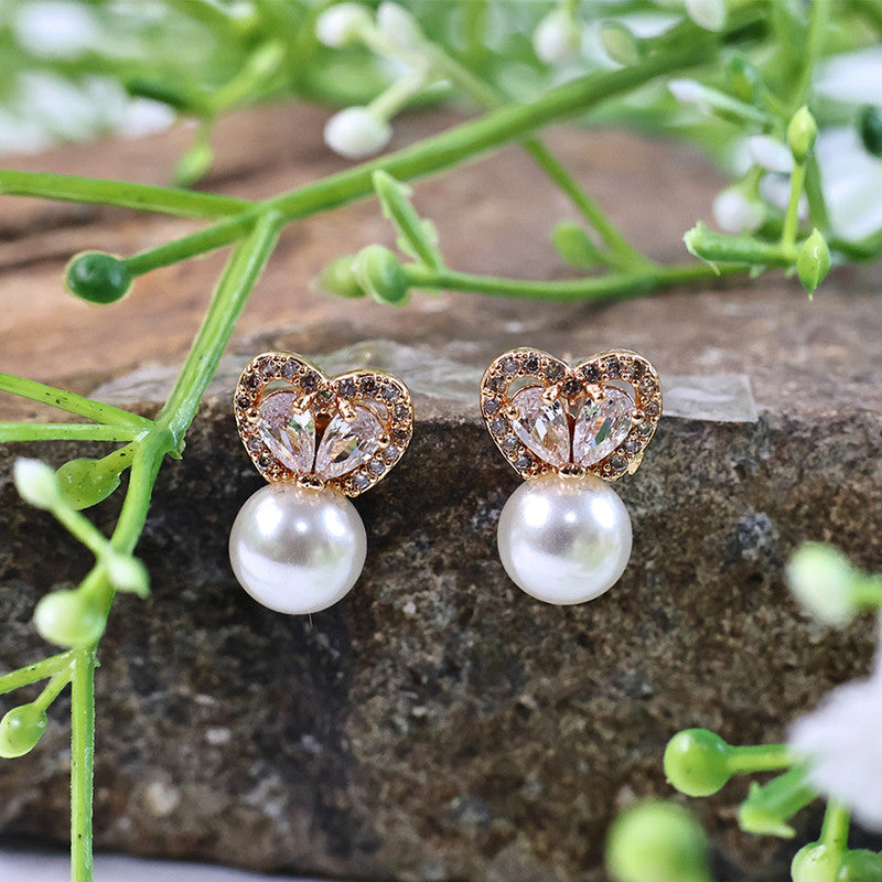 Elegant Heart Shape Pearl and CZ Stone Stud Earrings for Women