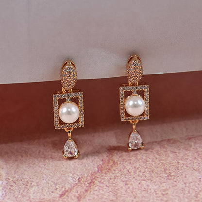 Stylish Pearl and CZ Stone Rectangle Drop Earrings for Women