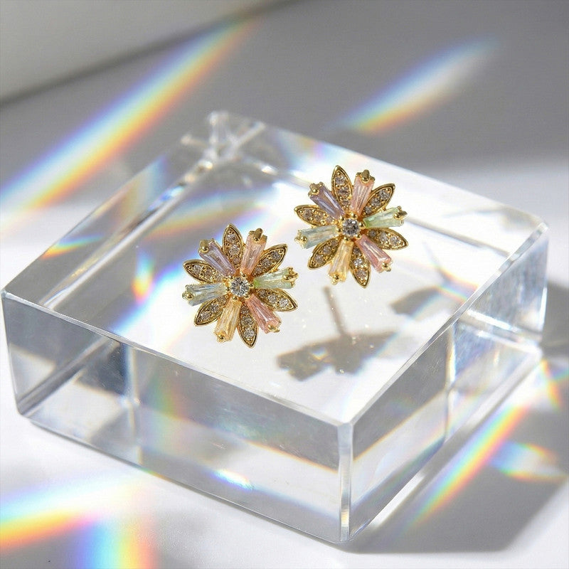 Multicolor Crystal Floral Stud Earrings with Gold Finish for Women