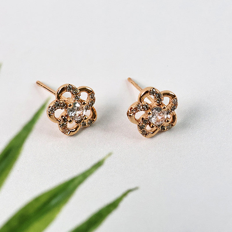 Delicate Floral Design CZ Stone Stud Earrings for Women