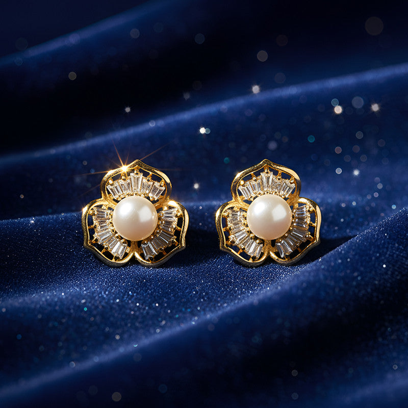 Pearl Center Floral Stud Earrings with Crystal Detailing and Gold Finish