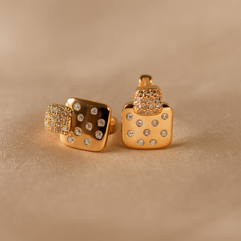 Trendy Dual Square Gold Plated CZ Stone Stud Earrings for Women