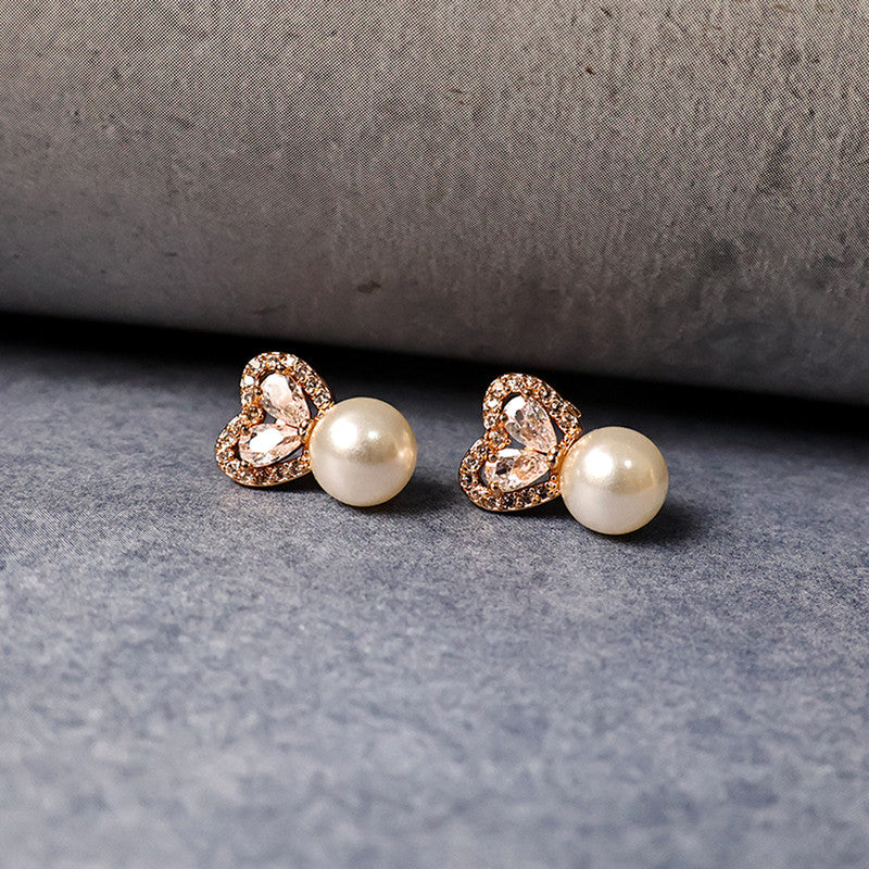 Elegant Heart Shape Pearl and CZ Stone Stud Earrings for Women