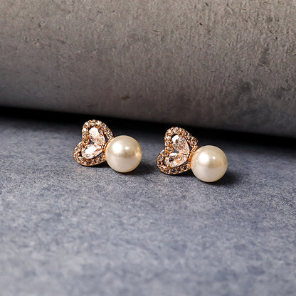 Elegant Heart Shape Pearl and CZ Stone Stud Earrings for Women